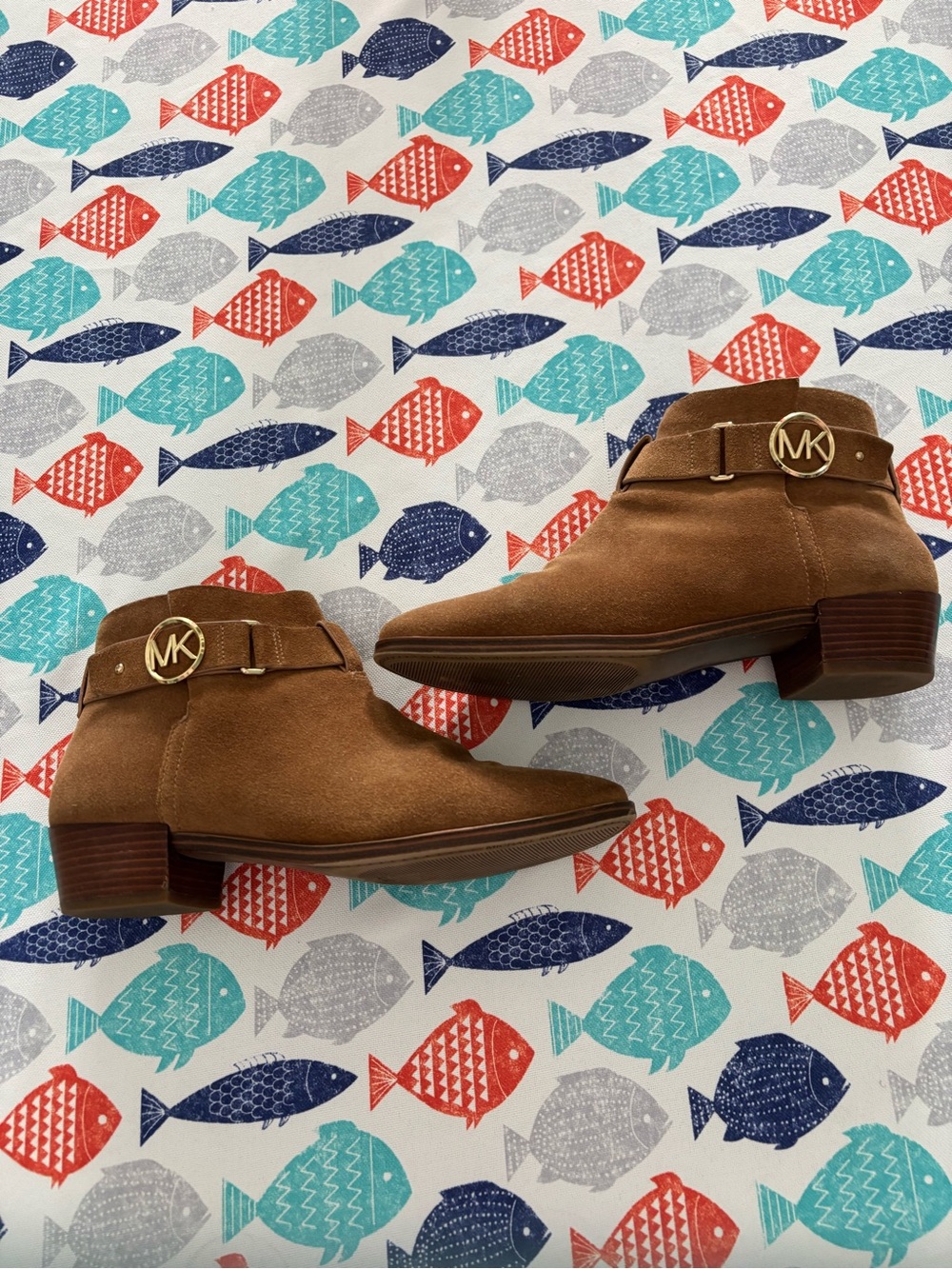 Michael Kors Chestnut Suede Ankle Boots with Gold MK Accent size 7